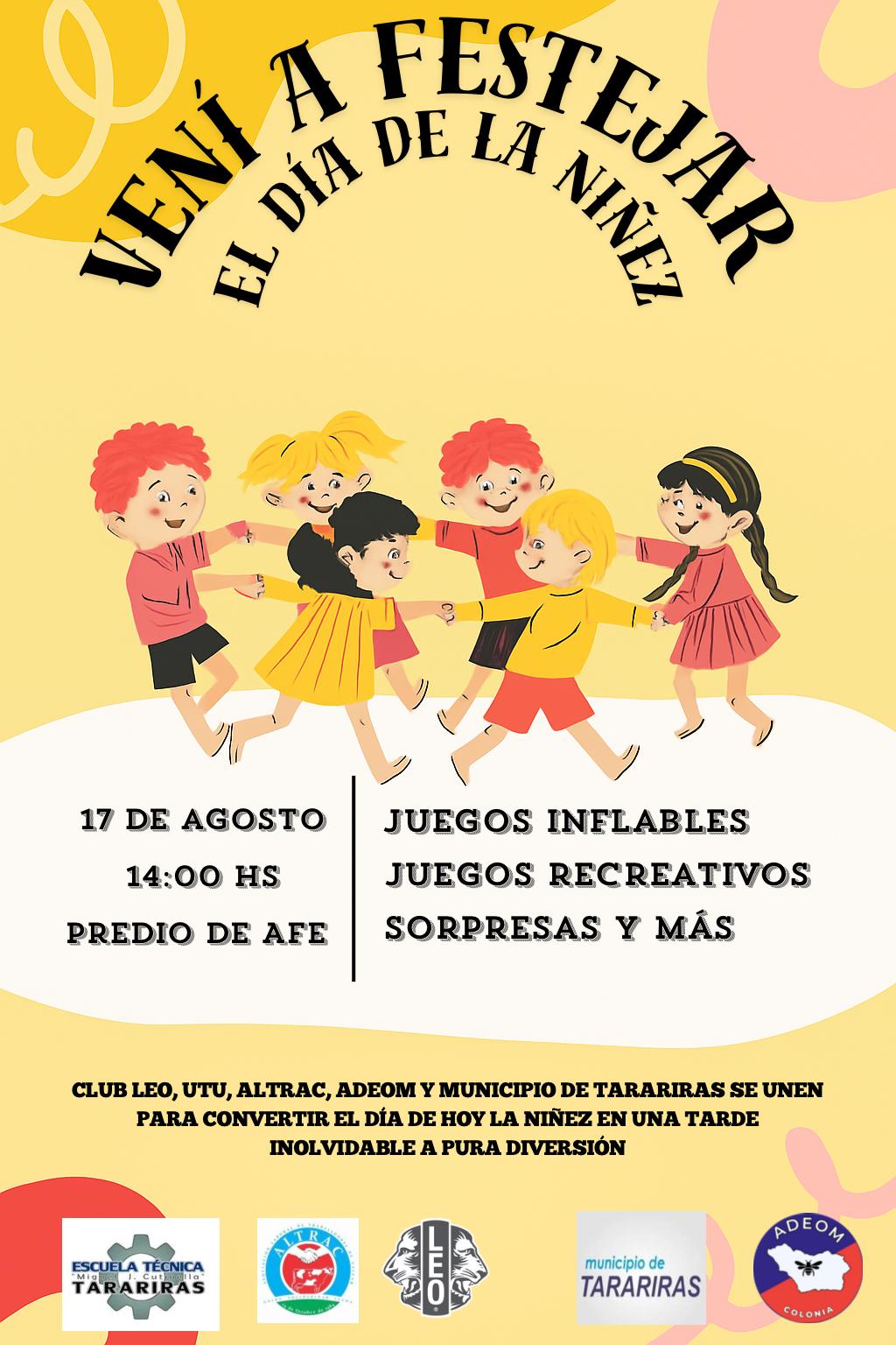Afiche del Día de la Niñez en Tarariras: juegos inflables, recreativos y sorpresas.